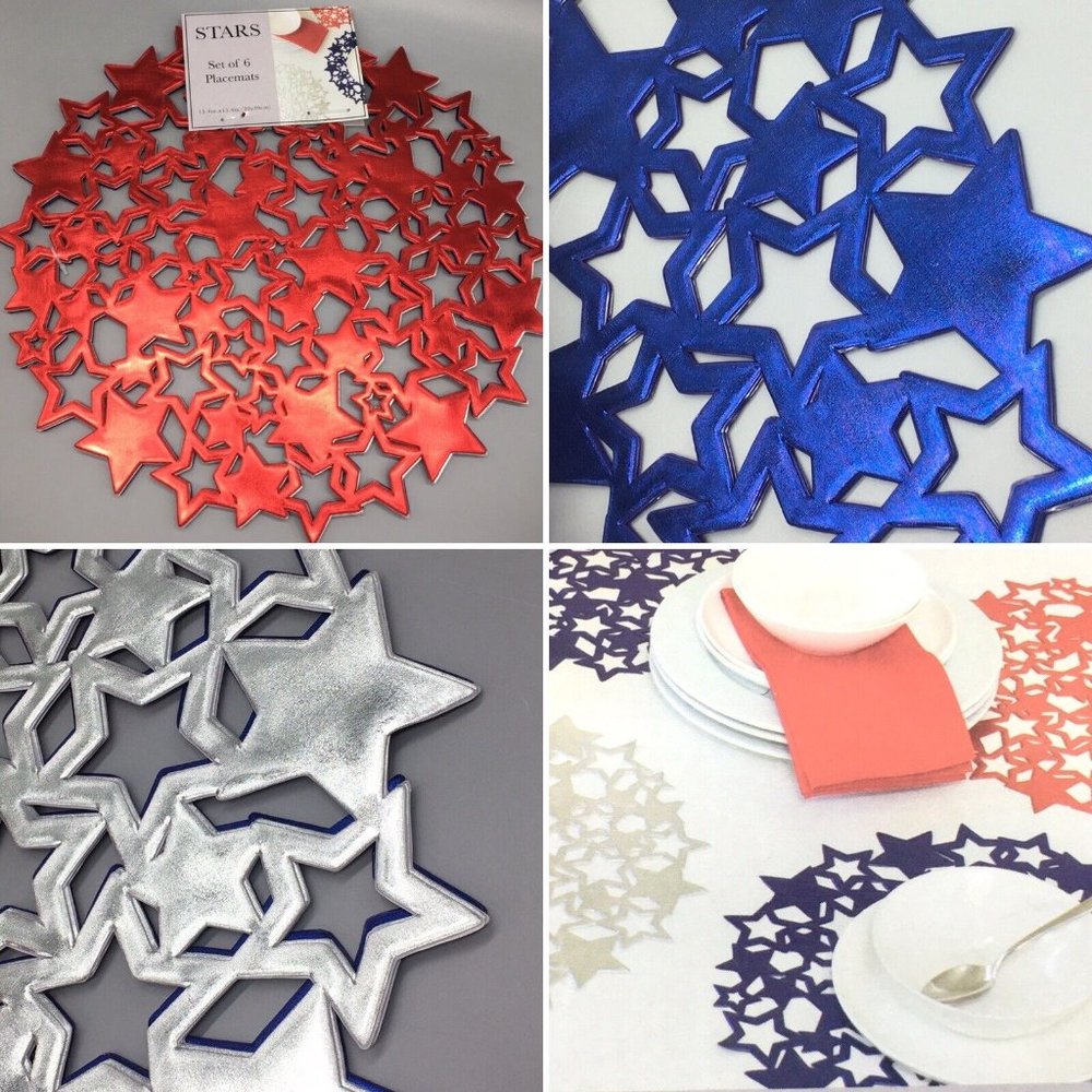 6pc Patriotic 4th of July Memorial Vinyl Cut Out Stars Blue Red Placemat Set NEW